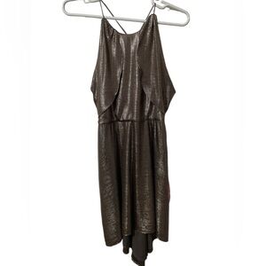 Halston Women’s Hi low Drape Metallic Gunmetal Racer back Midi dress size 8
